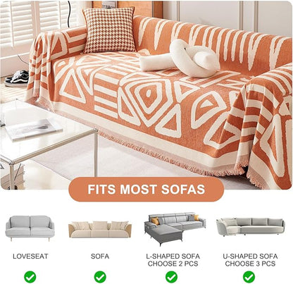 STACYPIK Thick Warm Orange Sofa Cover Armchair Slipcovers Boho Geometric Couch Cover for Sectional Sofa Caramel Loveseat Cover Anti-Slip Chenille Couch Protector for 2 Cushion Couch Home Decor-71X90IN