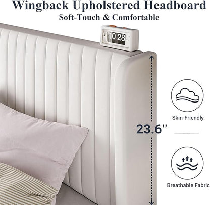 Allewie Queen Size Velvet Bed Frame/Vertical Channel Tufted Wingback Headboard/Upholstered Platform Bed/Strong Wooden Slats/No Box Spring Needed/Easy Assembly/White