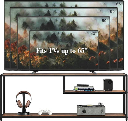 TECHMILLY Modern TV Stand for 65" TV, TV Table with Storage Shelves, Entertainment Center with Metal Frame, TV Console Table for Living Room, Bedroom, Rustic Brown