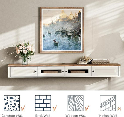 WAMPAT Floating TV Stand for TVs up to 80 Inches, Wooden Wall-Mounted TV Shelf with Charging Station, Modern Floating Entertainment Center for Living Room Decor, White
