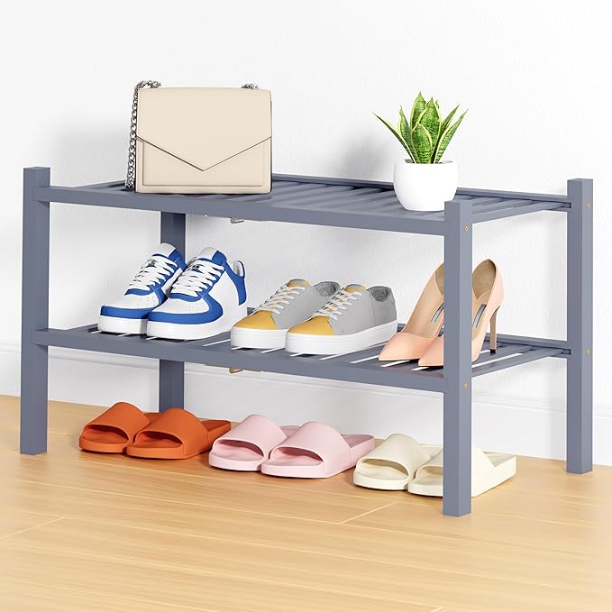 Smiry Shoe Rack, 2 Tier Thick Bamboo Shoe Organizer, Stackable Free Standing Wooden Shoe Storage Shelf for Closet, Entryway, Front Door Entrance, Grey
