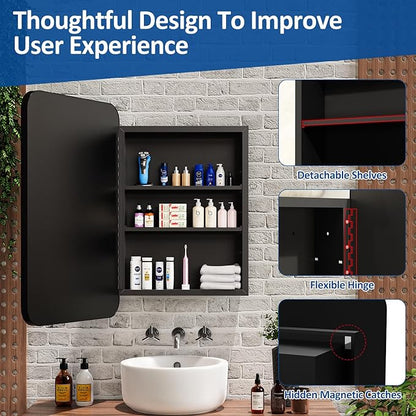 24x30 Inch Bathroom Medicine Cabinet with Mirror Black Metal Framed Farmhouse Recessed or Surface Wall Mounted Black Medicine Cabinets for Bathroom