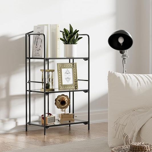 Crofy No Assembly Folding Bookshelf for Living Room, 3 Tier Black Collapsible Book Shelf for Home Office, Portable Bookcase Storage Organizer