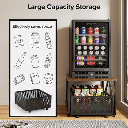Urban Deco Mini Fridge Stand with Storage, Heavy Duty Fridge Cart with Drawer Basket, Mini Refrigerator Table for 220 LBS, Mobile Fridge Stand with Swivel Wheels for Dorm,Office,Home,Retro Brown