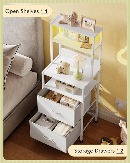 WLIVE Nightstand Set of 2 with Charging Station, LED Night Stands with 2 Fabric Drawers and 4 Storage Open Shelves, Bedside Table Sets for Bedroom, White
