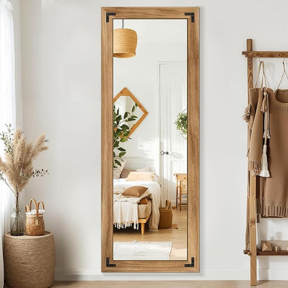 Full Length Mirror with Wooden Frame, 65"X24" Solid Wood Standing Floor Mirror for Farmhouse, Bathroom, Bedroom, Hanging or Leaning Wall-Mounted