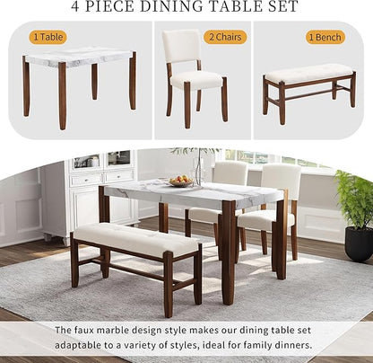 Ball & Cast 4-Piece Dining Furniture Set with 2 Upholstered Chairs & 1 Bench,Dining Table Set for 4 W/ 46" Faux Marble Style Table,for Restaurant,Home Bistro,Off White