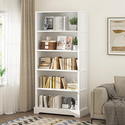 TVU 5-Tier Wooden Book Shelf, 65" Tall Bookshelf with Storage, Floor-Standing Display Bookcase, Farmhouse Style Bookshelf with Arched Base, Suitable for Living Room, Study, Office, White
