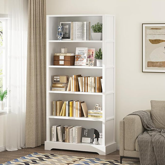 TVU 5-Tier Wooden Book Shelf, 65" Tall Bookshelf with Storage, Floor-Standing Display Bookcase, Farmhouse Style Bookshelf with Arched Base, Suitable for Living Room, Study, Office, White