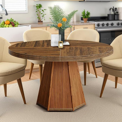 Round Dining Table for 4, 47 Inch Dinner Table Square Farmhouse Kitchen Tables with Sturdy Wooden Pedestal Base for Dining Room, Kitchen, Living Room, Dark Brown