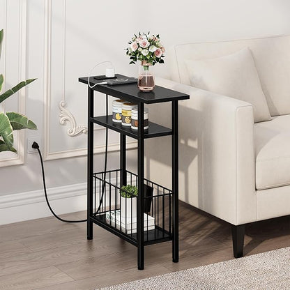 Vagusicc Narrow Side Table with Charging Station, 3-Tier Skinny Side End Table for Couch, Small End Tables for Small Spaces, 25.2" Tall Slim Nightstand Bedside Table for Living Room, Bedroom, Black