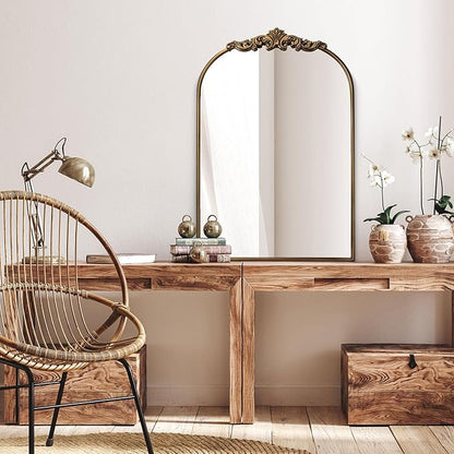 Ornate Baroque Vintage Gold Mirror - 24"X36" Arched Antique Brass Mirror with Full Metal Frame - Perfect for Entryway, Fireplace, Living Room, Hallway, or Bathroom Décor
