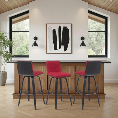 Vienna Modern Swivel Bar Height Stool with Red Upholstered Seat and Brushed Wood Frame Set of 2