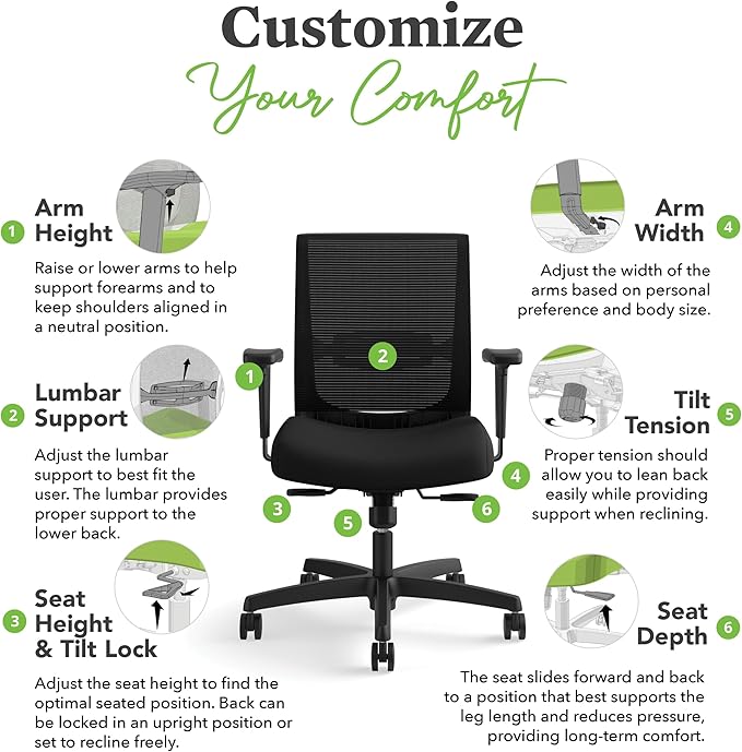 HON Convergence Ergonomic Office Chair, Breathable Back Support Mesh, Adjustable Arms, Computer Chair with Lumbar Support, Rolling Swivel Wheels, Comfortable Synchro-Tilt Recline, Fabric, Pear
