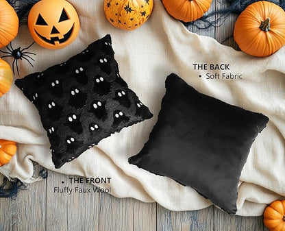 4TH Emotion Halloween Ghost Decorative Pillow Covers 20x20 Set of 2, Black Soft Plush Faux Fur Farmhouse Throw Cushion Cases for Fall Autumn Holiday Home Decorations