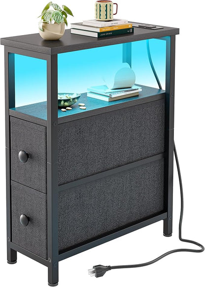 TIQLAB End Table with Charging Station, Narrow Side Table with 2 Fabric Drawers, Nightstand with LED Light, Slim Bedside Table for Bedroom, Living Room, Small Spaces, Black