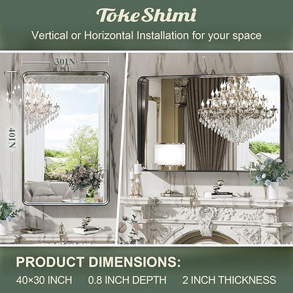 TokeShimi 40 x 30 Inch Wall Mirror for Bathroom Black Metal Frame Decorative Rectangular Wall Mounted Home Decor Corner Hangs Farmhouse Mirror (Horizontal/Vertical)