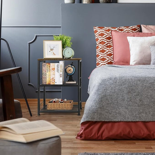 OYEAL Small Nightstand Industrial Square End Table with Storage Shelf Farmhouse Sofa Side Table for Small Spaces, Narrow Bedside Table for Living Room Bedroom, Stable Metal Frame, Rustic Brown