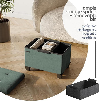 STORAGEBUD Storage Ottoman Cube with Small Bin, 16-in Square Ottoman with Storage for Living Room and Bedroom, Small Ottomans Foot Rest, Fabric Foot Stools Ottomans Max 330lbs, Green