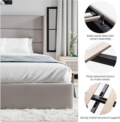 SHA CERLIN King Size Lift Up Storage Bed/Modern Wingback Headboard/Upholstered Platform Bed Frame/Hydraulic Storage/No Box Spring Needed/Wood Slats Support/Light Beige
