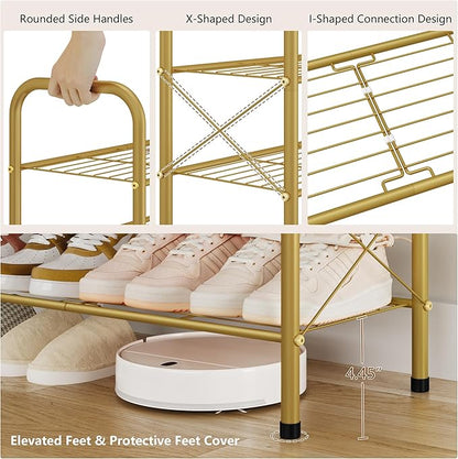 Hoctieon 3 Tier Mesh Style Shoe Rack, Entryway Shoe Shelf, Shoe Storage Organizer, Shoe Rack for Closet, Space Save for Bathroom, Garage, Hallway, Bedroom, Living Room, Gold