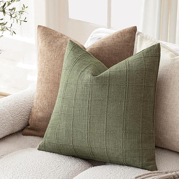 Foindtower Set of 2 Decorative Linen Check Throw Pillow Covers Neutral Farmhouse Vintage Cushion Covers Modern Boho Home Decor for Sofa Chair Couch Bedroom Living Room Outdoor,26×26 Inch,Sage Green