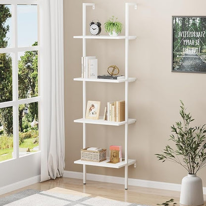 Ladder Shelf 4 Tiers Metal Industrial Bookshelf,White Wooden Tall Open Storage Rack and Display Shelves,Wall Mount Wide Bookcase for Home Office Bedroom,Small