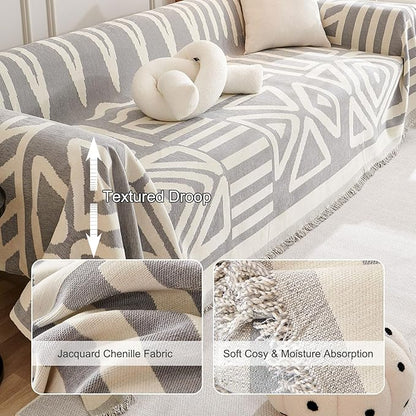 STACYPIK Boho Couch Cover, Chenille Gray Triangle Sofa Cover for 3 Cushion Couch,Non Slip Couch Protector for Dogs Pet-Friendly, Reversible Sectional Cover for L-Shaped, Tassels Throw Blanket-71X150IN
