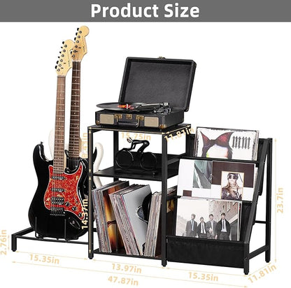 LELELINKY Record Player Stand, Black Adjustable Guitar Stand for Acoustic Guitar, Electric Guitar, Bass, Turntable Stand with Vinyl Display Shelf Storage Up to 150 Albums, End Table for Music Room