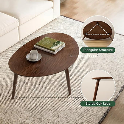 Small Oval Coffee Table, 25.6'' Small Mid Century Modern End Table for Living Room, 100% Solid Oak Wood Side Table, Minimalist Display Center Table(Walnut Color, 25.59''Wx17.51''Dx19.68''H)