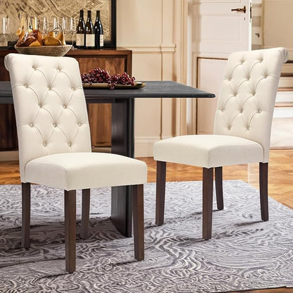 COLAMY Tufted Dining Chairs Set of 4, Accent Parsons Diner Chair Upholstered Fabric Stylish Kitchen Chairs with Solid Wood Legs and Padded Seat, Beige