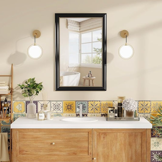 Axeman 28x36 Rectangular Wall Mirror, Decorative Bathroom Mirror, Traditional Vintage Wall Mounted Mirror with Beaded Frame for Accent Living Room Vanity Bedroom Entryway, Black