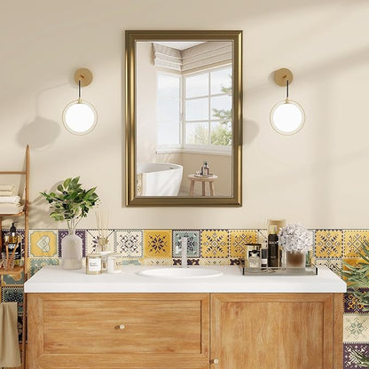 Axeman 22x30 Rectangular Wall Mirror, Decorative Bathroom Mirror, Traditional Vintage Wall Mounted Mirror with Beaded Frame for Accent Living Room Vanity Bedroom Entryway, Gold