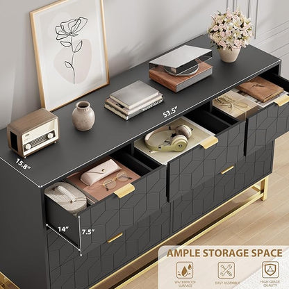 GAOMON Dresser for Bedroom, 53.5" Wide Dresser Organizer, 7 Drawer with Golden Metal Handle and Legs, Modern Chest of Drawers for Closet, Hallway, Living Room, Entryway, Black