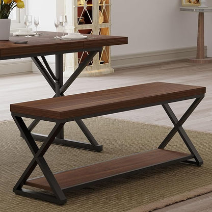 IBF Wood Entryway Bench Indoor, Industrial Wooden Metal Entry Shoe Storage Bench in Bedroom, Farmhouse Hallway Shoe Rack Bench Seating for Foyer Living Dining Room End of Bed, Walnut, 47 Inch