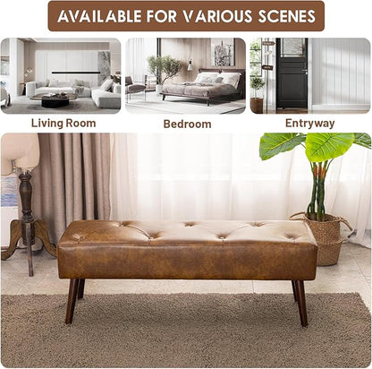 Furniliving 44 Inch Tufted Leather Bench, Leather Footrest Stool Bedroom Bench Seat, Upholstered Tufted Beathable Fabrics Ottoman Bench with X-Shaped Wood Legs for Kitchen, Solid Wood Indoor Bench