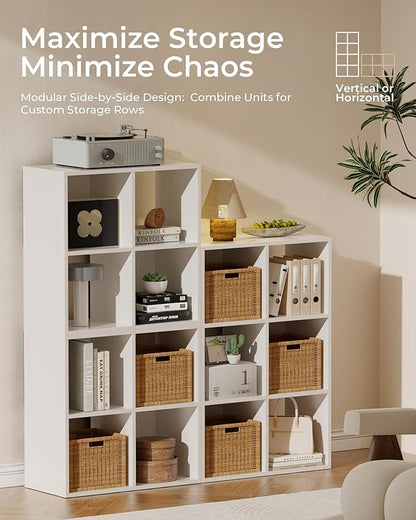GTPLAYER 4-Cube Storage Organizer, Fits 11" Bins, Vertical or Horizontal Use, Opening Bookshelf, Partial Back Panels, Stackable Design Bookcase, for Desk, Vanity, Entryway, White