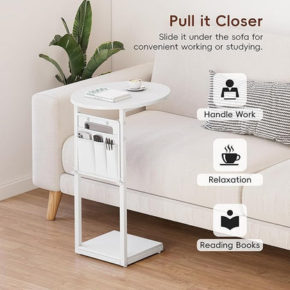 Vagusicc C Shaped End Table, Adjustable Height Small Side Table for Couch and Recliner, 32" Tall Couch Side Table Slide Under Sofa Tray Desk with Storage Bag for Living Room and Bedroom, White