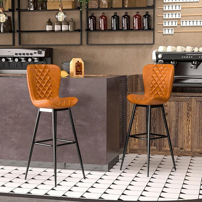 VECELO Quilted Bar Stools Set of 2, Bar Height Bar Stools with Back & Footrest, PU Leather with Stitching, Mid-Century Modern, 100% Virgin Cotton, 30" Tall, for Kitchen Home Bar, Caramel Brown