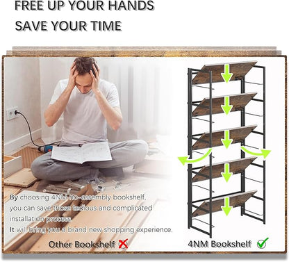 4NM No Assembly 5 Tiers Book Shelves, Black Folding Bookshelf Bookcase Open Industrial Foldable Shelves for Bedroom, Living Room, Home Office - Rustic Brown Black