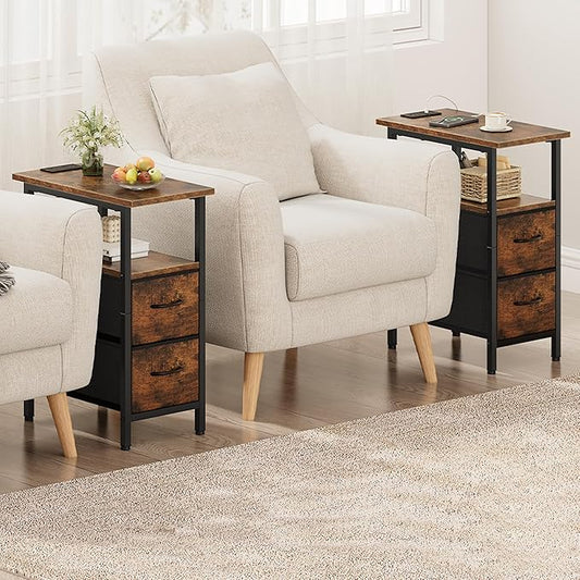 Vagusicc End Table with Charging Station Set of 2, Narrow Side Table, 23.8'' Tall Nightstand with 2 Drawers, Small Sofa Side Table Narrow Nightstand for Small Spaces Living Room, Bedroom, Rustic Brown