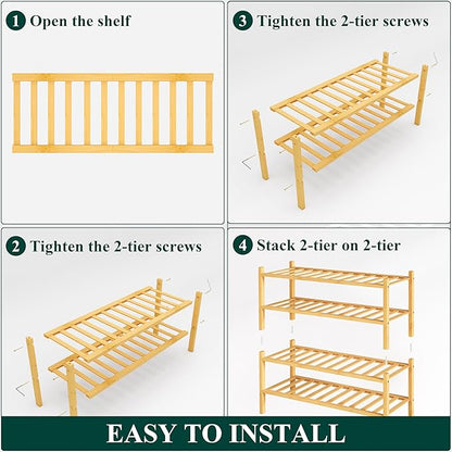 Smiry Shoe Rack, 4 Tier Bamboo Shoe Organizer, Stackable Free Standing Wooden Shoe Storage Shelf for Closet, Entryway, Front Door Entrance, Natural