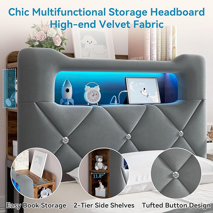 Twin Upholstered LED Bed Frame with 2 Storage Drawers and 2-Tier Storage Bookcase Headboard, Velvet Platform Bed for Kids/Girls/Boys, Corner Bed Frame, Heavy Duty Metal Support, Grey