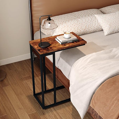 Yusong Small C Shaped End Table, Slim Couch Side Tables Slide Under Sofa Bed, Skinny Snack Tray Table for Coffee Laptop in Living Room,Easy Assembly, Rustic Brown