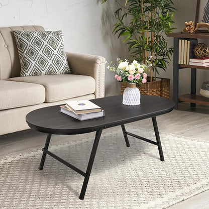 Small Oval Coffee Table Wood and Metal Folding Low Coffee Tables with Safety Lock Portable Outdoor Table Floor Center Table for Living Room Small Spaces, Black Gold
