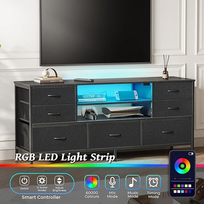 Huuger TV Stand Dresser with Power Outlets and LED Lights, 7 Drawer Console for 55 Inch TV, Black PU Leather Bedroom Dresser