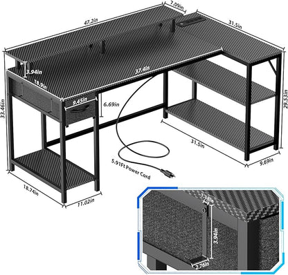 47 inch Gaming Desk with USB Charging Ports and LED Light, Reversible L Shaped Desk, L Shaped Desk with Hook & Monitor Stand, Computer Desk with Drawer and Shelves for Home Office Bedroom