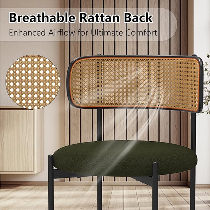 Mid Century Modern Dining Chairs Set of 2 with Rattan Backrest,Velvet Upholstered Accent Kitchen & Dining Room Chairs with Sturdy Metal Frame,Green
