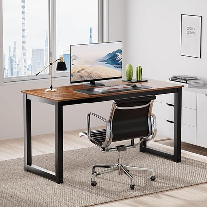 Decoholic 55 Inch Computer Desk, Home & Office PC Laptop Study Writing Table Workstation with Leg Bars, Modern Simple Industrial Style, Rustic Brown