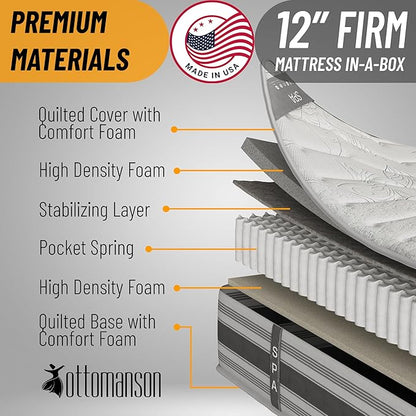 Ottomanson Twin XL 12" Hybrid Mattress - Meditation Antistatic Quilted Cover - Made in USA - Firm Support - Individually Pocketed Coils & CertiPUR-US Foam - Fiberglass-Free - Bed in a Box